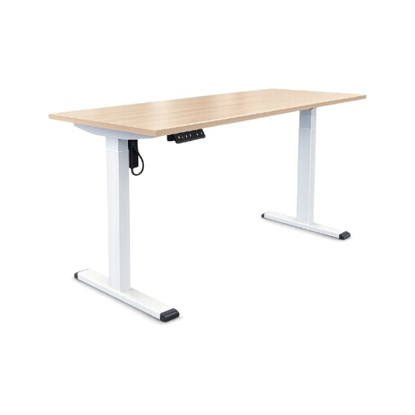 Meja kerja single  dengan fitur naik-turun  (height-adjustable desk).